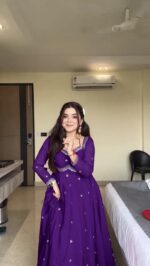 Purple Color Faux Georgette Fabric Thread With Sequence Work Anarkali Suit