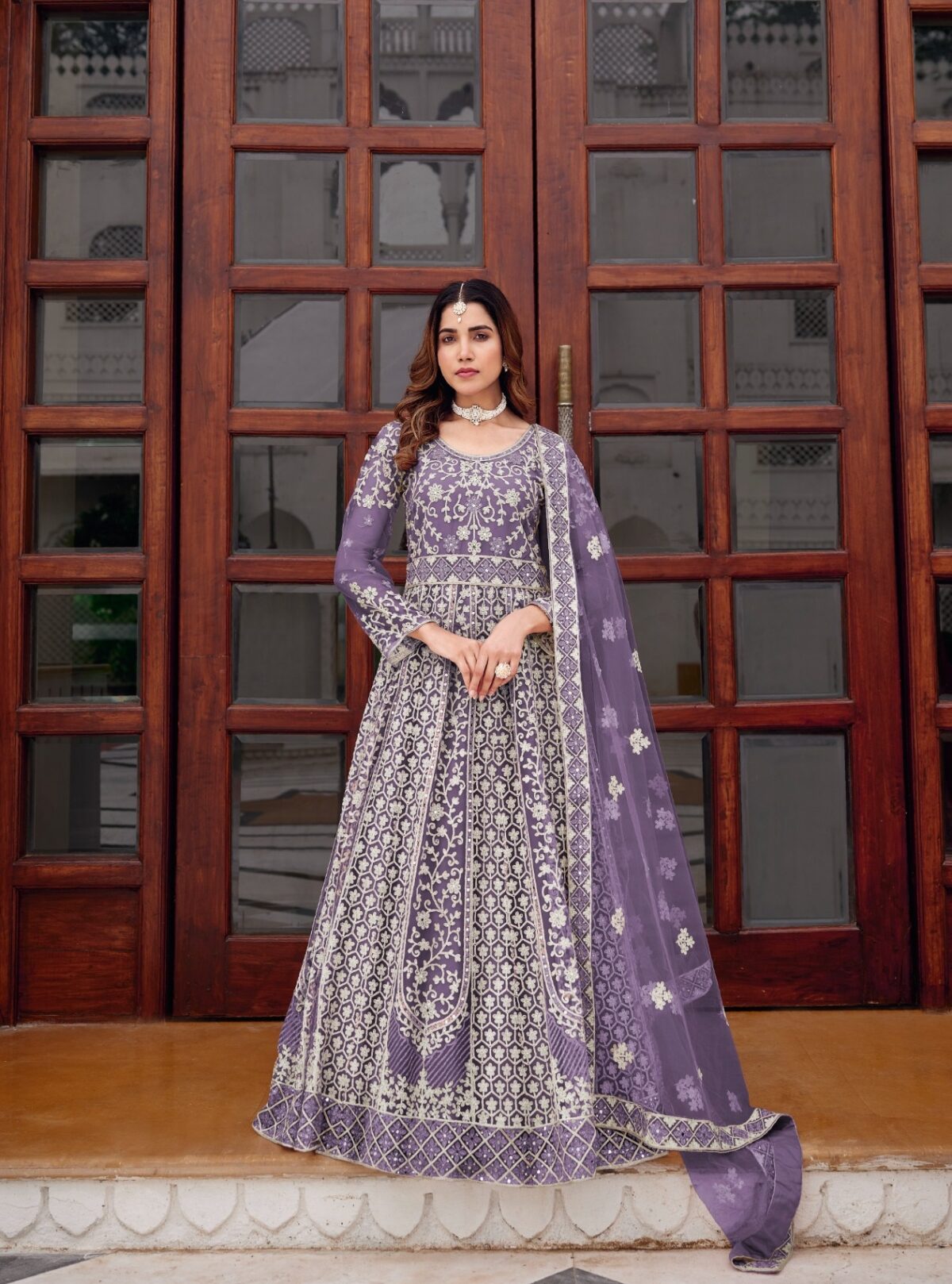 Purple Color Pure Butterfly Net Fabric Embroidery With Mirror Work Suit