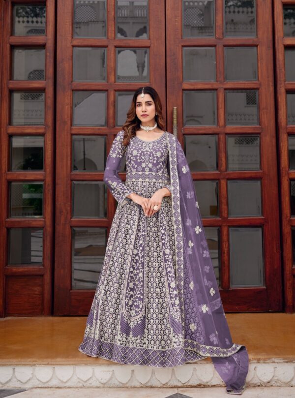 Purple Color Pure Butterfly Net Fabric Embroidery With Mirror Work Suit