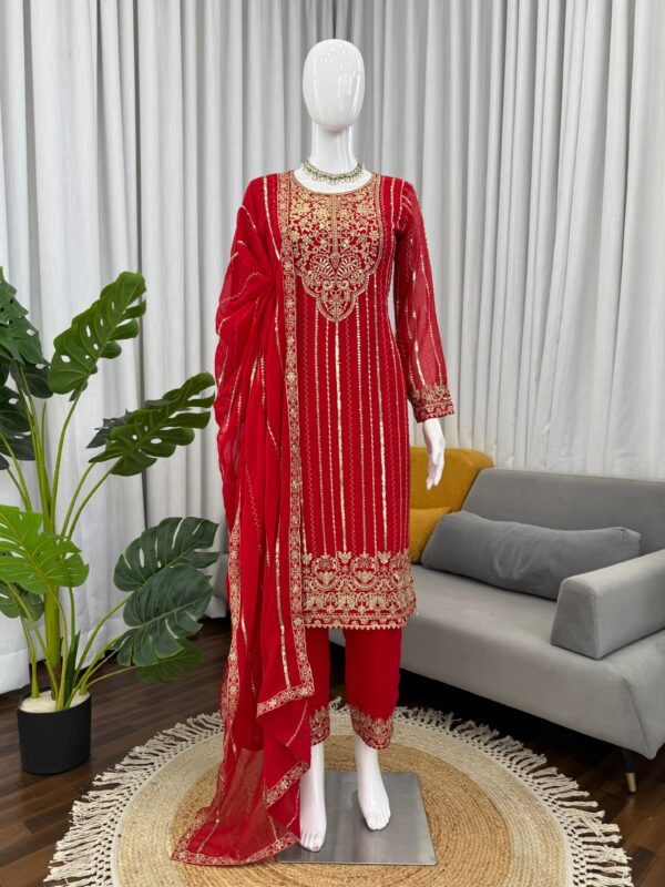 Red Color Faux Georgette Fabric Sequence Work Suit