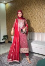 Red Color Faux Georgette Fabric Sequence Work Suit