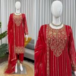 Red Color Faux Georgette Fabric Sequence Work Suit