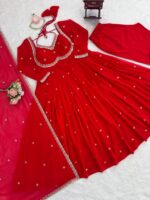 Red Color Faux Georgette Fabric Thread With Sequence Work Anarkali Suit