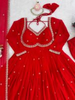 Red Color Faux Georgette Fabric Thread With Sequence Work Anarkali Suit