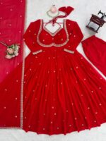 Red Color Faux Georgette Fabric Thread With Sequence Work Anarkali Suit