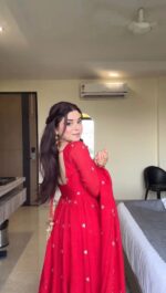Red Color Faux Georgette Fabric Thread With Sequence Work Anarkali Suit