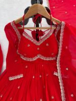 Red Color Faux Georgette Fabric Thread With Sequence Work Anarkali Suit