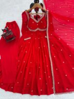 Red Color Faux Georgette Fabric Thread With Sequence Work Anarkali Suit