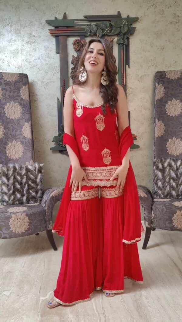 Red Color Faux Georgette Fabric Thread With Sequence Work Sharara Set