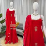 Red Color Faux Georgette Fabric Thread With Sequence Work Sharara Set