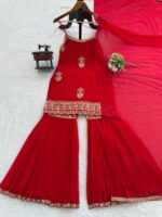 Red Color Faux Georgette Fabric Thread With Sequence Work Sharara Set