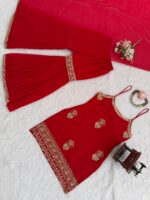 Red Color Faux Georgette Fabric Thread With Sequence Work Sharara Set