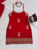Red Color Faux Georgette Fabric Thread With Sequence Work Sharara Set