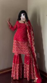 Red Color Faux Georgette Fabric Thread With Sequence Work Sharara Set