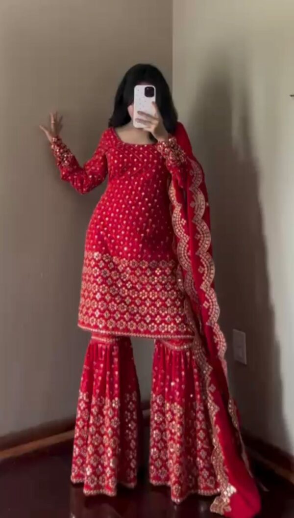 Red Color Faux Georgette Fabric Thread With Sequence Work Sharara Set