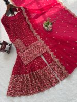 Red Color Faux Georgette Fabric Thread With Sequence Work Sharara Set