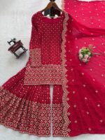 Red Color Faux Georgette Fabric Thread With Sequence Work Sharara Set