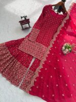 Red Color Faux Georgette Fabric Thread With Sequence Work Sharara Set