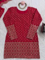 Red Color Faux Georgette Fabric Thread With Sequence Work Sharara Set