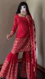 Red Color Faux Georgette Fabric Thread With Sequence Work Sharara Set