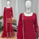 Red Color Faux Georgette Fabric Thread With Sequence Work Sharara Set