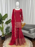 Red Color Faux Georgette Fabric Thread With Sequence Work Sharara Set
