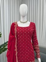 Red Color Faux Georgette Fabric Thread With Sequence Work Sharara Set