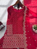 Red Color Faux Georgette Fabric Thread With Sequence Work Sharara Set