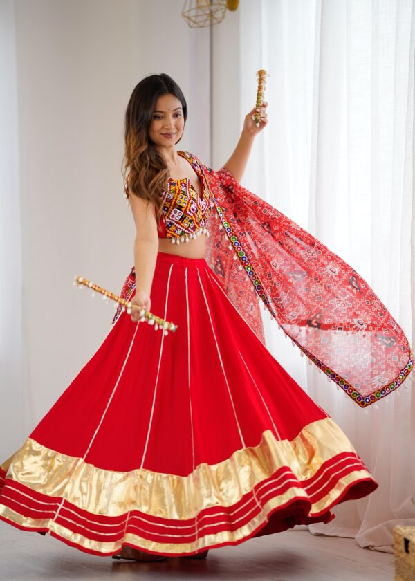 Red Color Heavy Rayon Fabric Lagdi Patta Work Navratri Lehenga