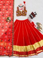Red Color Heavy Rayon Fabric Lagdi Patta Work Navratri Lehenga