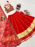 Red Color Heavy Rayon Fabric Lagdi Patta Work Navratri Lehenga