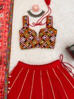 Red Color Heavy Rayon Fabric Lagdi Patta Work Navratri Lehenga