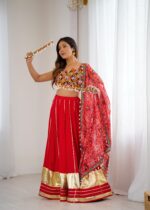 Red Color Heavy Rayon Fabric Lagdi Patta Work Navratri Lehenga