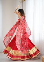 Red Color Heavy Rayon Fabric Lagdi Patta Work Navratri Lehenga