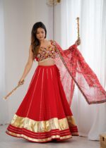 Red Color Heavy Rayon Fabric Lagdi Patta Work Navratri Lehenga