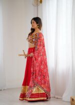 Red Color Heavy Rayon Fabric Lagdi Patta Work Navratri Lehenga