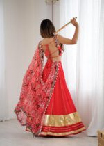 Red Color Heavy Rayon Fabric Lagdi Patta Work Navratri Lehenga