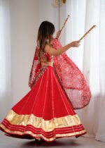 Red Color Heavy Rayon Fabric Lagdi Patta Work Navratri Lehenga