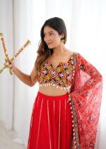 Red Color Heavy Rayon Fabric Lagdi Patta Work Navratri Lehenga