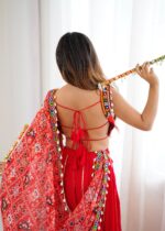 Red Color Heavy Rayon Fabric Lagdi Patta Work Navratri Lehenga