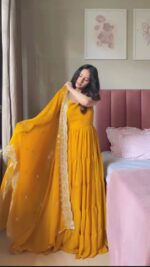 Yellow Color Faux Georgette Fabric Anarkali Suit