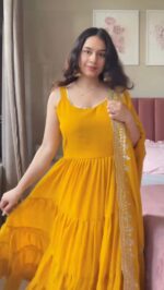 Yellow Color Faux Georgette Fabric Anarkali Suit