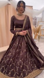 Chocolate Color Chinon Silk Fabric Thread With Sequence Work Lehenga