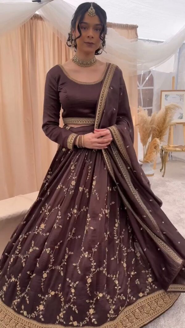 Chocolate Color Chinon Silk Fabric Thread With Sequence Work Lehenga