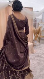 Chocolate Color Chinon Silk Fabric Thread With Sequence Work Lehenga