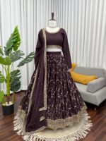 Chocolate Color Chinon Silk Fabric Thread With Sequence Work Lehenga