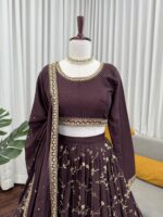 Chocolate Color Chinon Silk Fabric Thread With Sequence Work Lehenga