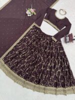 Chocolate Color Chinon Silk Fabric Thread With Sequence Work Lehenga