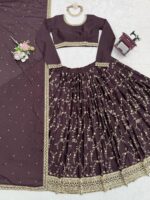 Chocolate Color Chinon Silk Fabric Thread With Sequence Work Lehenga
