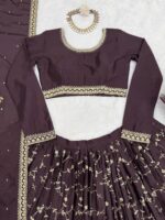 Chocolate Color Chinon Silk Fabric Thread With Sequence Work Lehenga